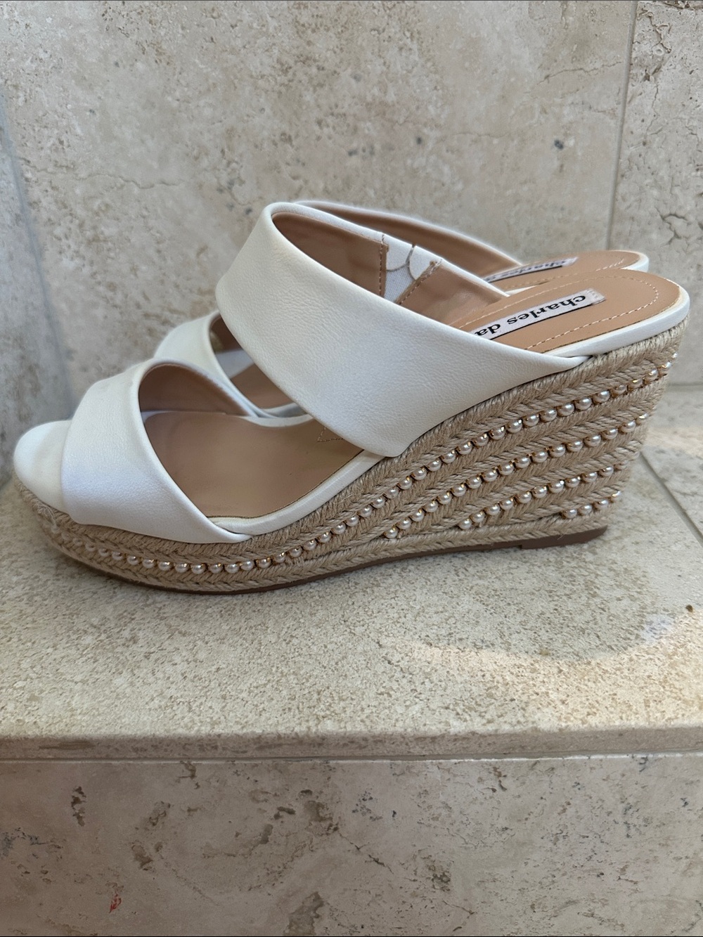 New 8 Charles David Cream Leather Espadrille Wedge Slide Sandals